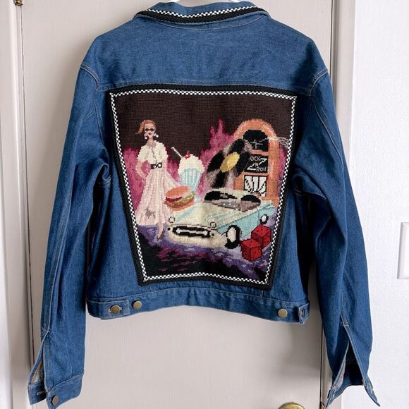 Vintage 90's Denim Jacket with Retro 50's Diner Embroidery Back Graphic - Picture 1 of 5